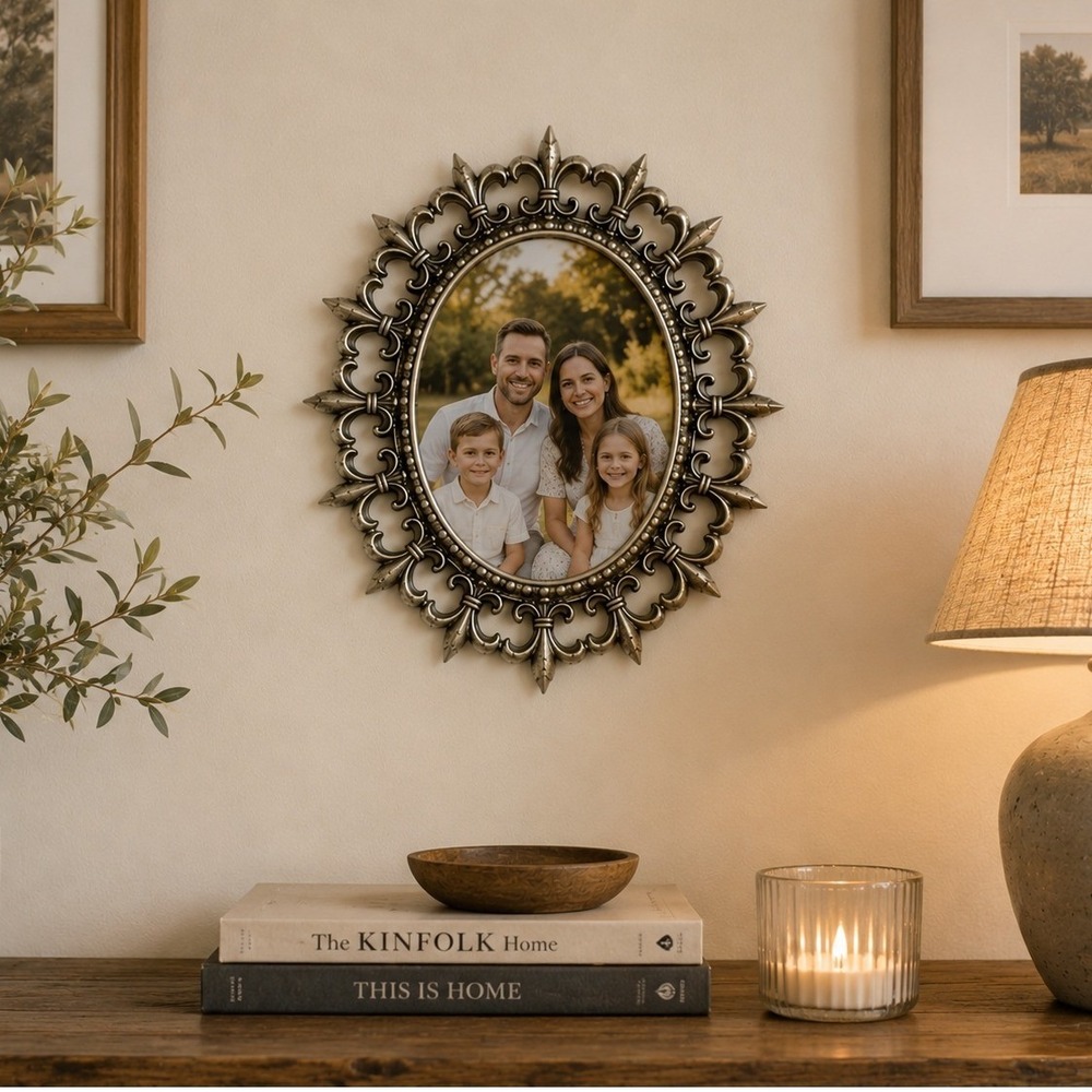 Ornate Oval Resin Picture Frame 14x12 Fleur de Lis Antique Silver Wall Decor